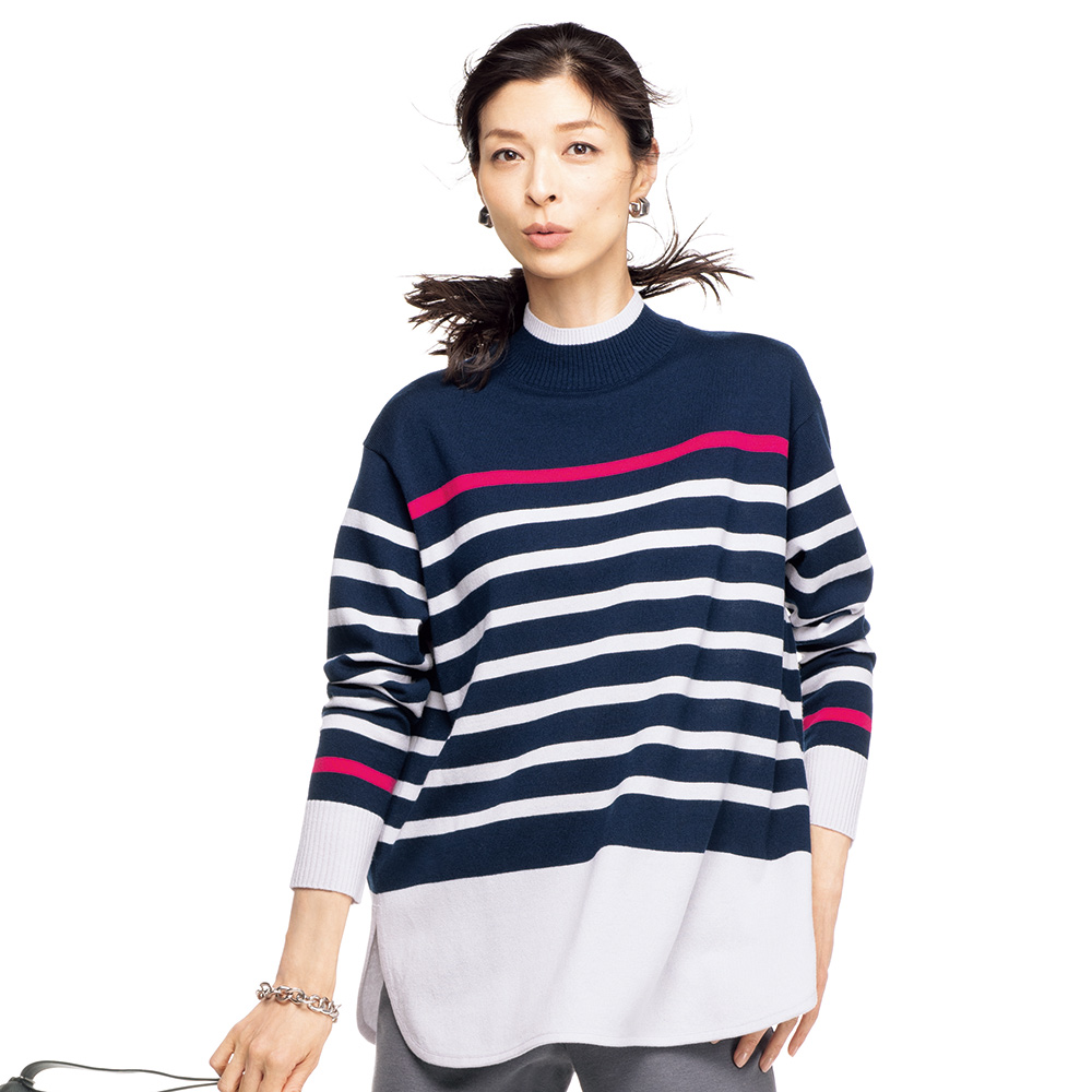 裾ラウンド 配色ボーダー ウールニット チュニック 長袖 七分袖チュニック チュニック 110202