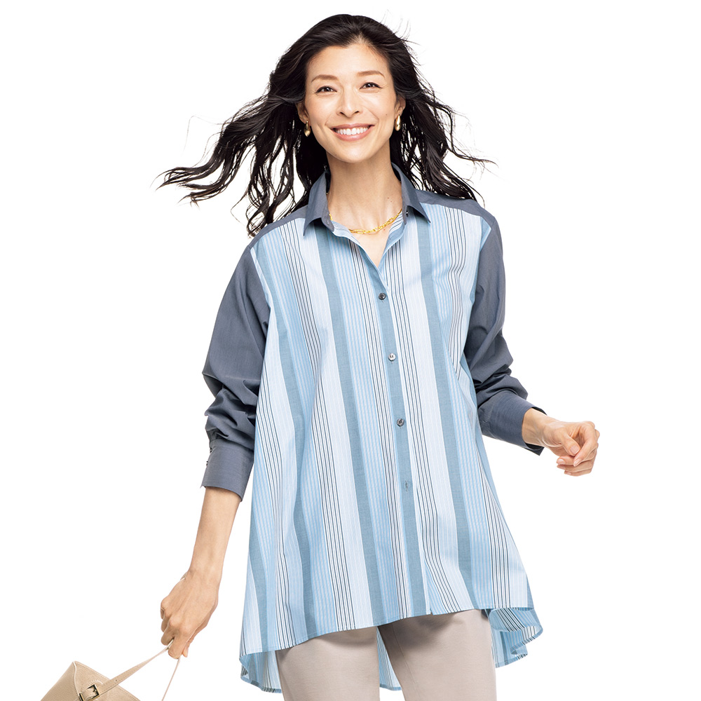 マルチストライプ フレアー シャツチュニック シャツ ブラウス 110301