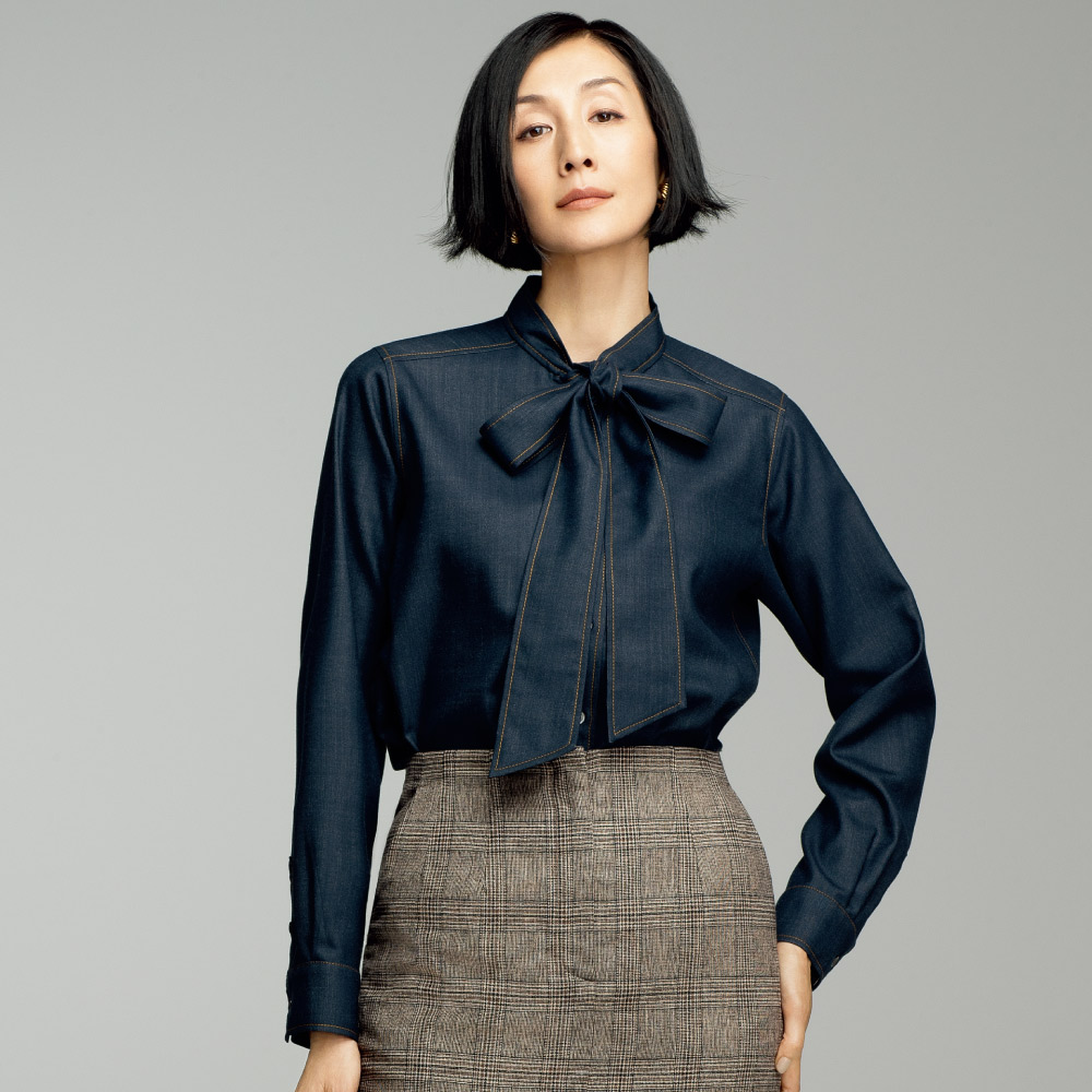 ウール混デニム風 ボウタイ ブラウス ブラウス シャツ 130802