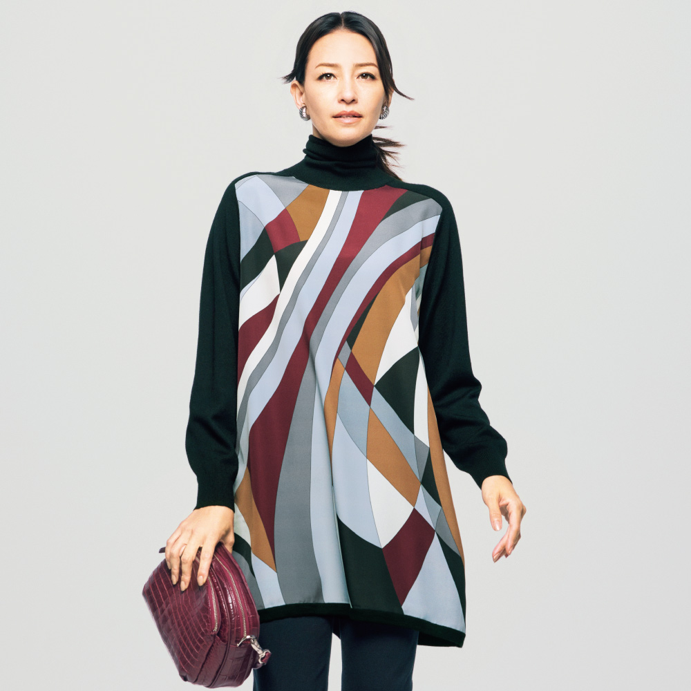 幾何学柄プリント ニットドッキング チュニック ニットセーター ニット セーター 131205