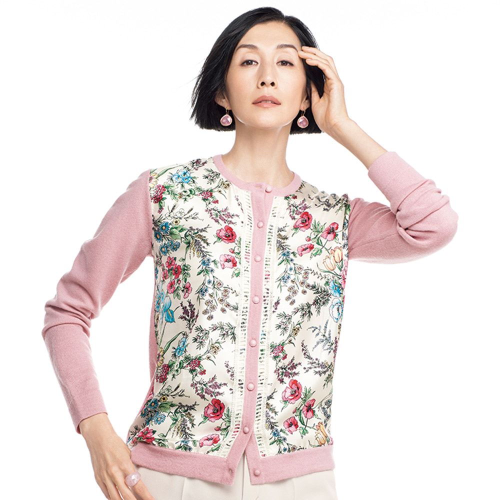 ラッティ社 フラワー柄シルクプリント＆ウールニット カーディガン