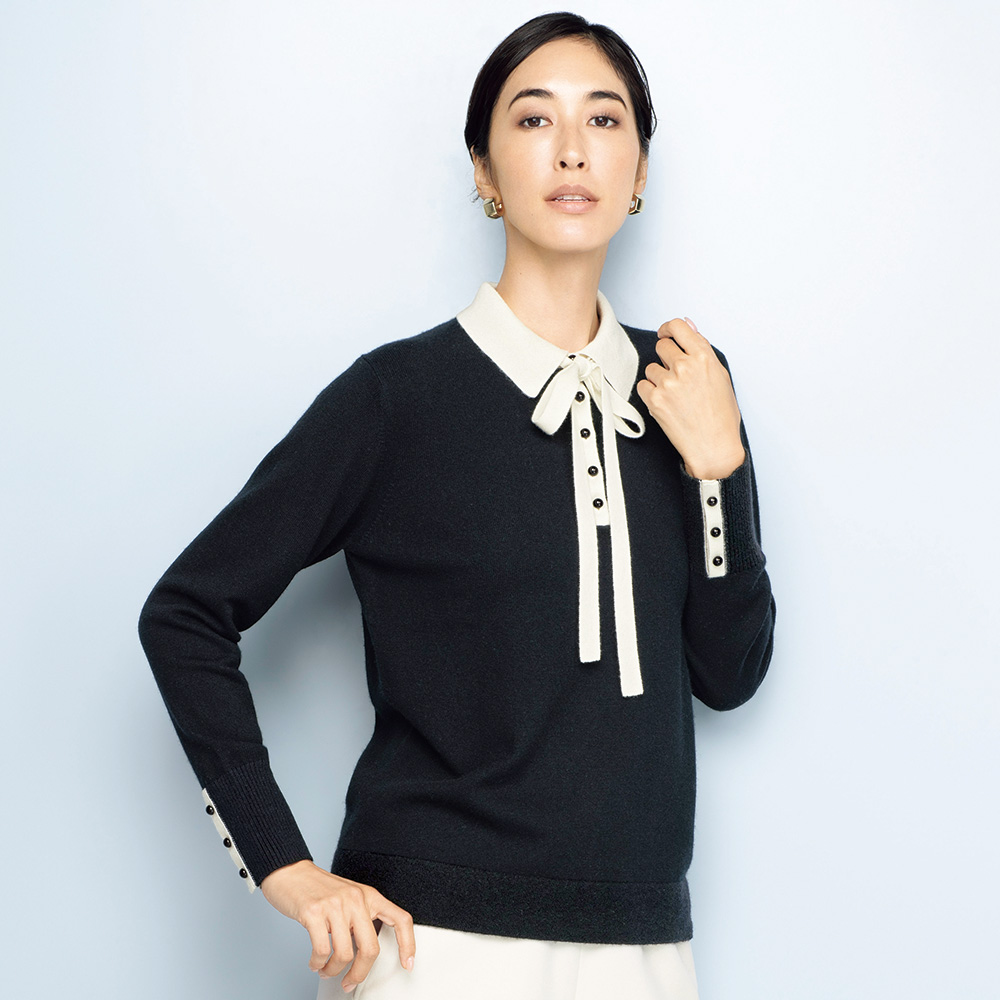ウールカシミヤ バイカラー リボンタイ付き プルオーバー ニットセーター ニット セーター 141401