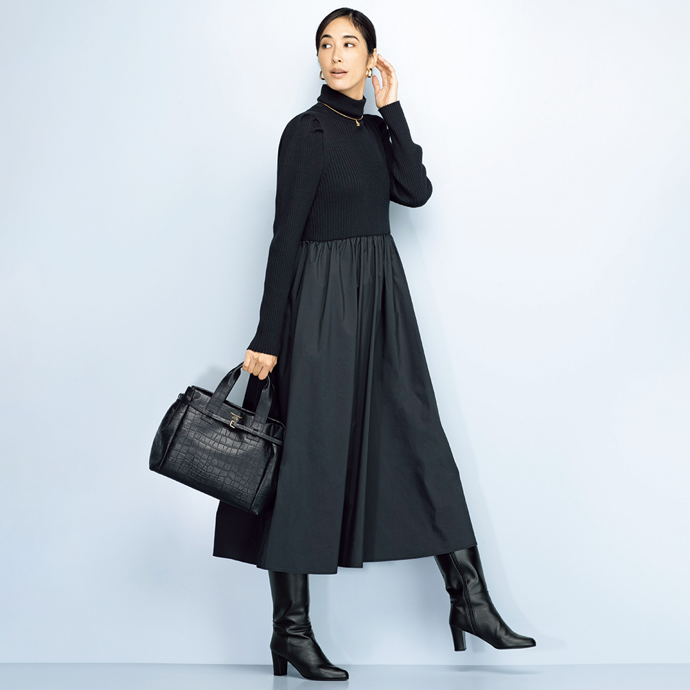 ニットドッキング タートルネック ワンピース ニットワンピース ワンピース 141502