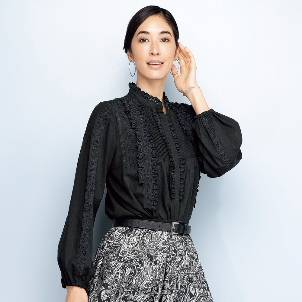 フリルレース使い コットンガーゼ ブラウス ブラウス シャツ 141901