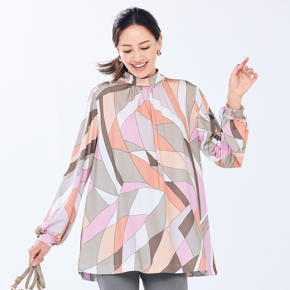 幾何学柄プリント ジャージー チュニック プルオーバー シャツ ブラウス 143602