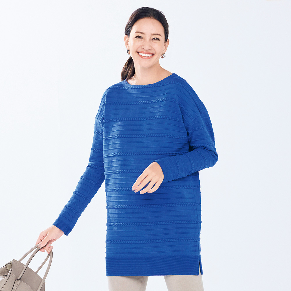 ピンタック 編み地ボーダー チュニック 長袖 七分袖チュニック チュニック 143702