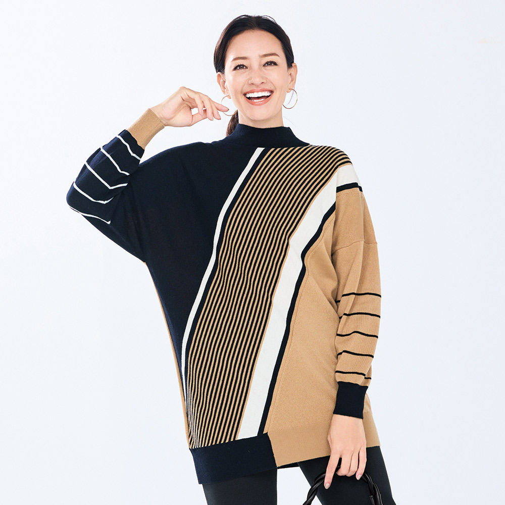 変形ボーダー ニットチュニック 長袖 七分袖チュニック チュニック 143801
