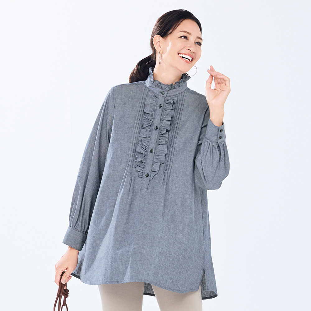 ダンガリー素材 フリル シャツチュニック プルオーバー シャツ ブラウス 143802