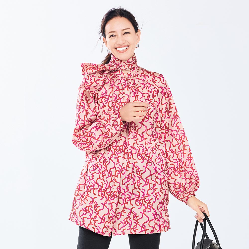 フランス素材プリント ボウタイ チュニック プルオーバー シャツ ブラウス 143901