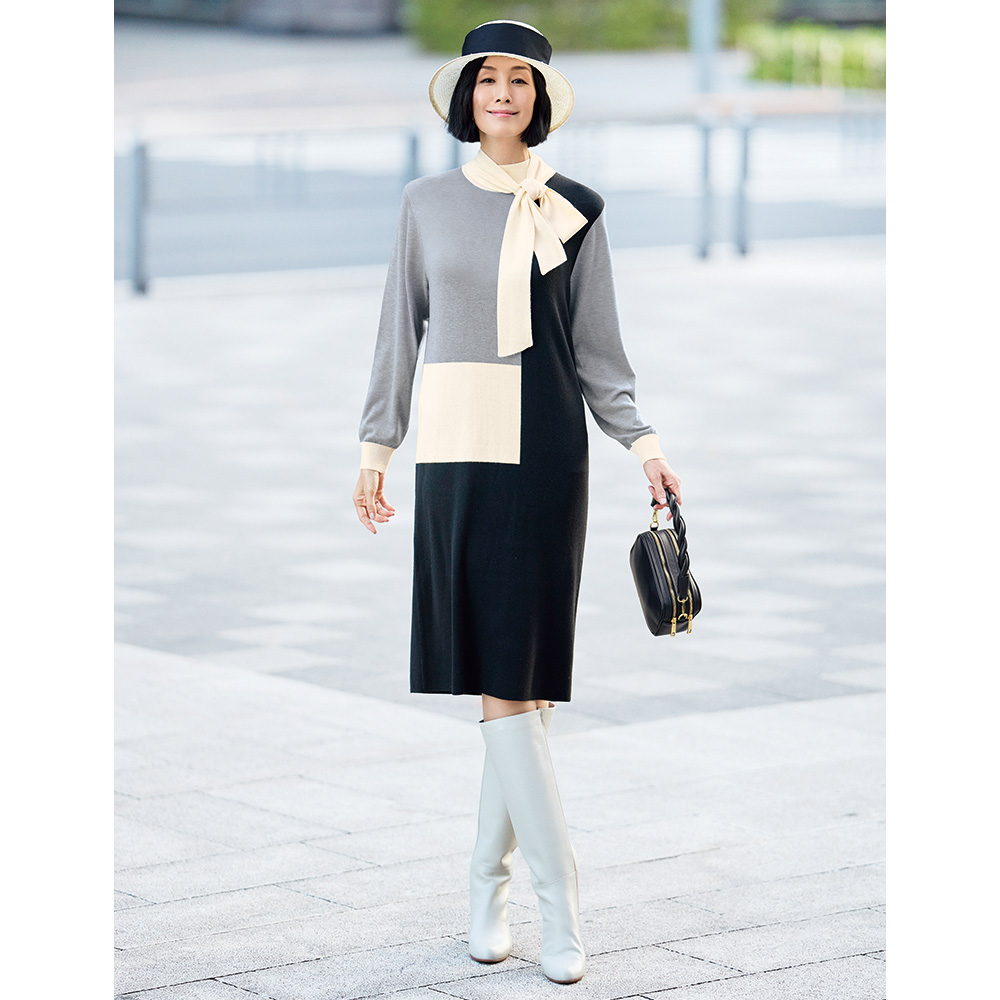 ボウタイ付き ブロッキング ニットワンピース ニットワンピース ワンピース 144801