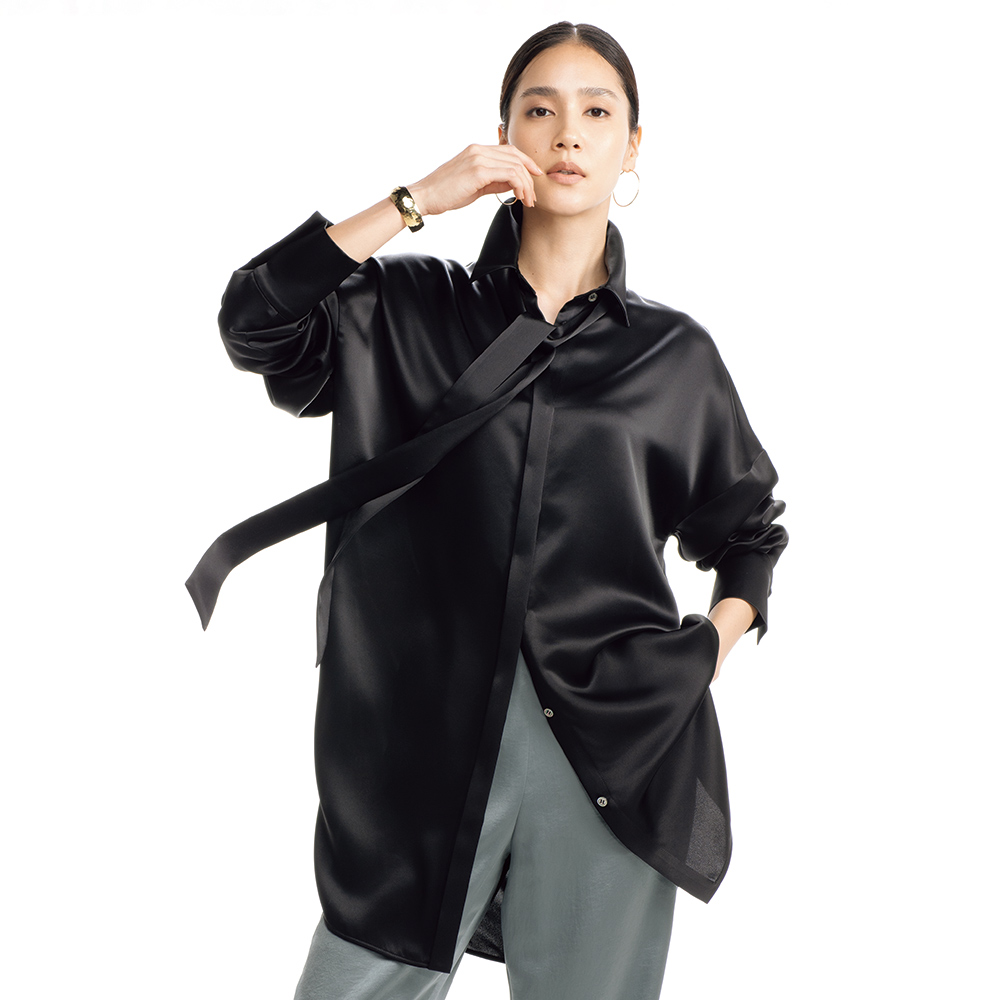 押田比呂美コラボ トリアセテート混 サテン ロングブラウス ブラウス シャツ 163901