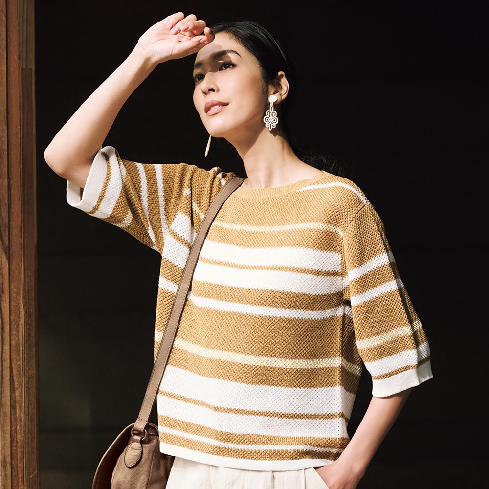 ギマコットン 鹿の子編み ボーダー プルオーバー プルオーバー シャツ ブラウス 165202