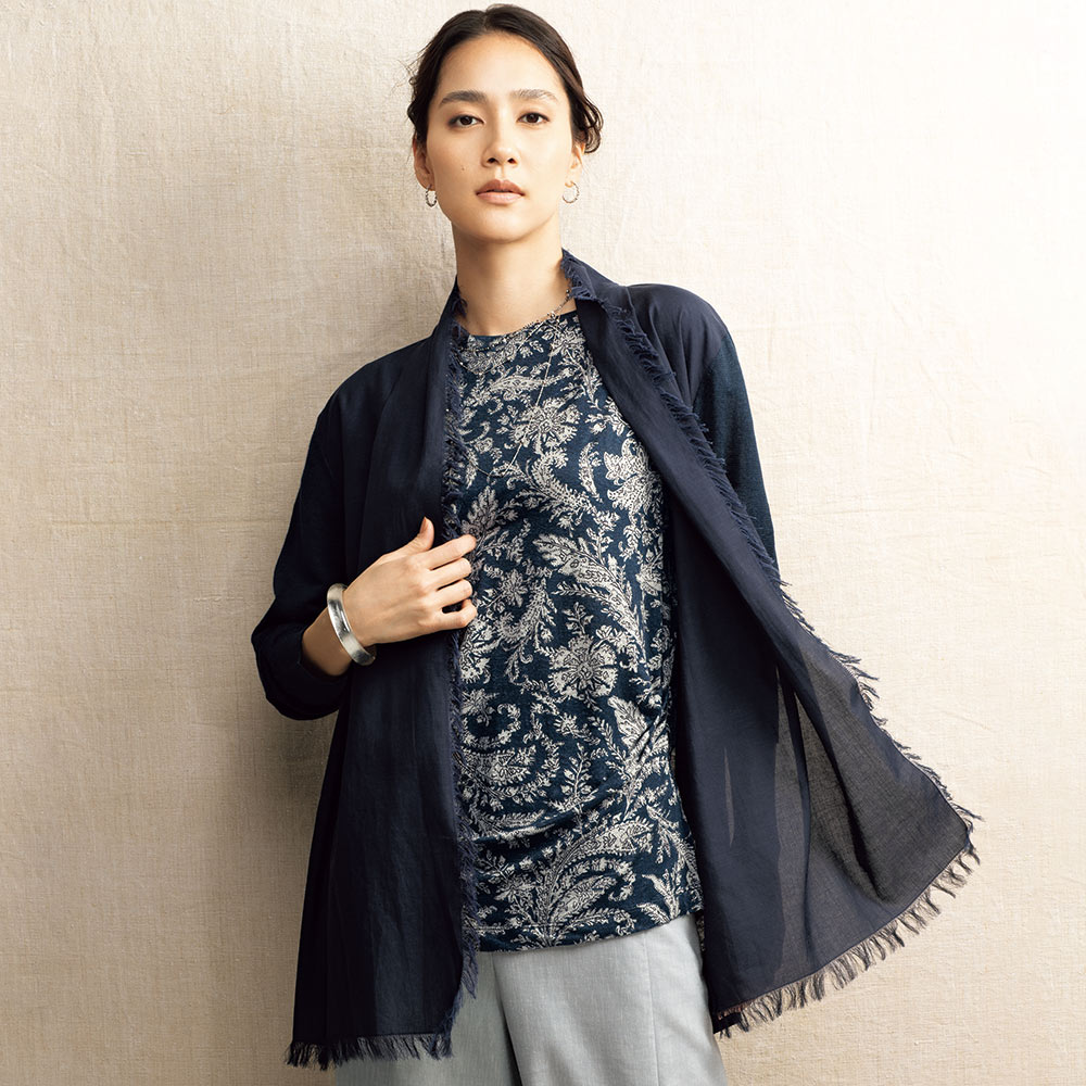 フリンジ使い 布帛コンビ リネンニット カーディガン ニットカーディガン ニット セーター 165604