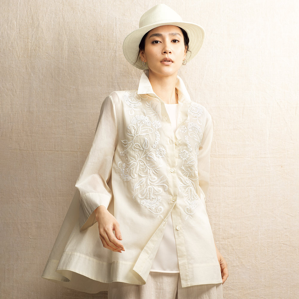 ビーズ&スパンコール入り刺しゅう コットン フレアーチュニック シャツ ブラウス 165901