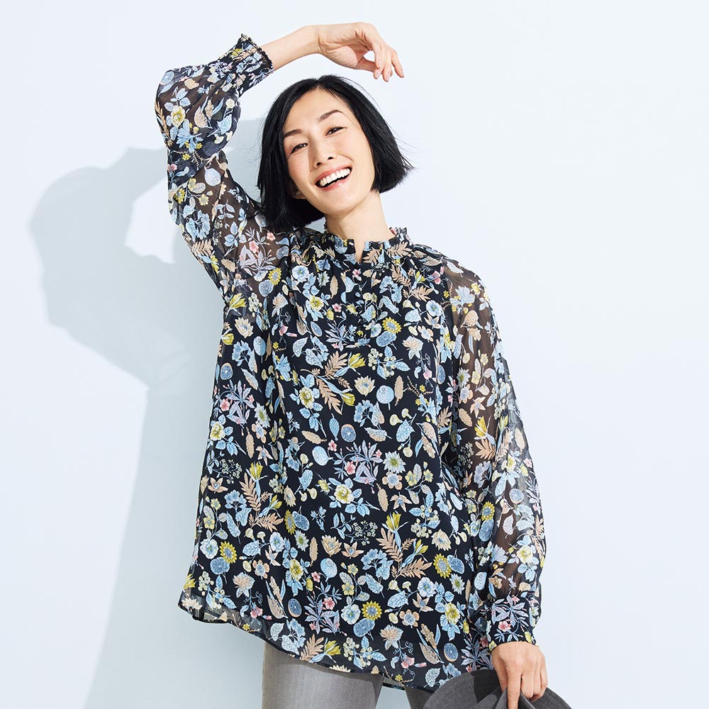 エリカ社 シフォン楊柳 ボタニカル柄 チュニック ブラウス シャツ 166501