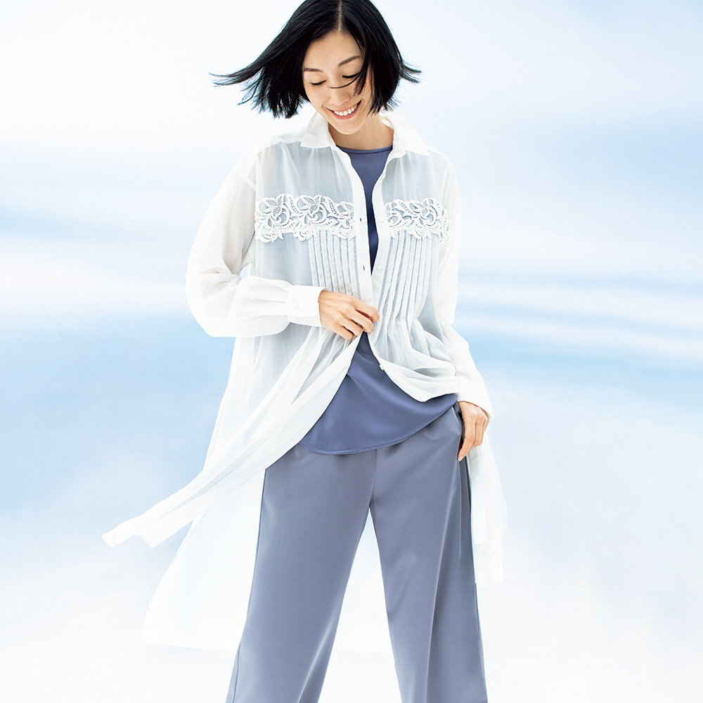 レース使い コットンオーガンジー ロングシャツ シャツ ブラウス 167802