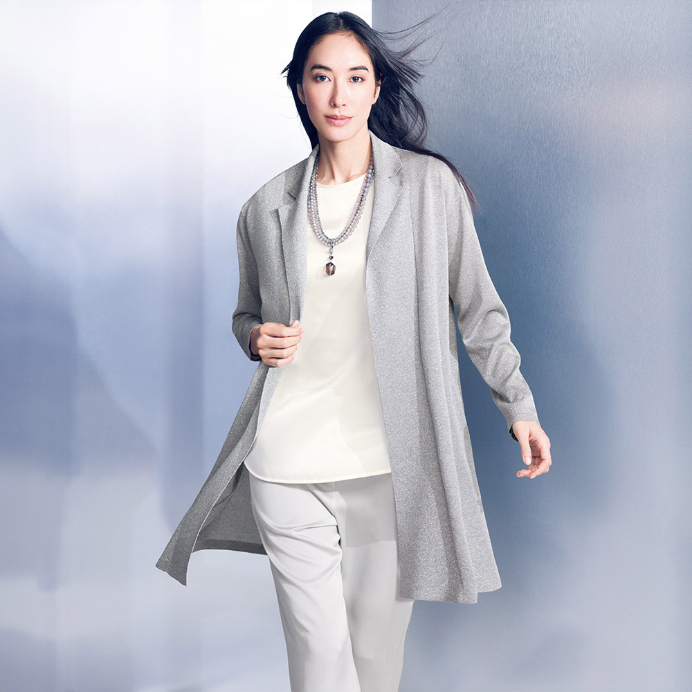 現行 EMPORIO ARMANI ロングニットカーディガン 銀糸ラメ ベルト イタリアラメ糸使い ロング ニットカーディガン 通販 - ディノス