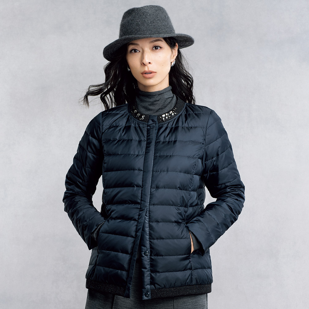 ビジュー使い ラメニット ライトダウンジャケット ノーカラージャケット ジャケット 125902