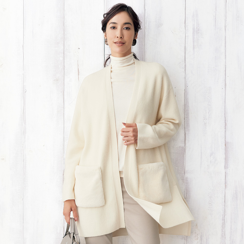 フェイクファーポケット付き 接結コーディガン ニットジャケット ニットコート ニット セーター 127102