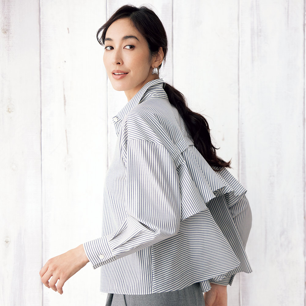 「NIKKE」 ウール ストライプ フリル ブラウス ブラウス シャツ 127401