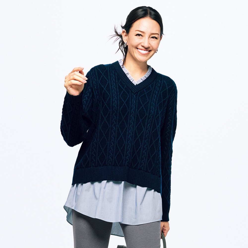 レイヤード風 アラン編み チュニック 長袖 七分袖チュニック チュニック 128301