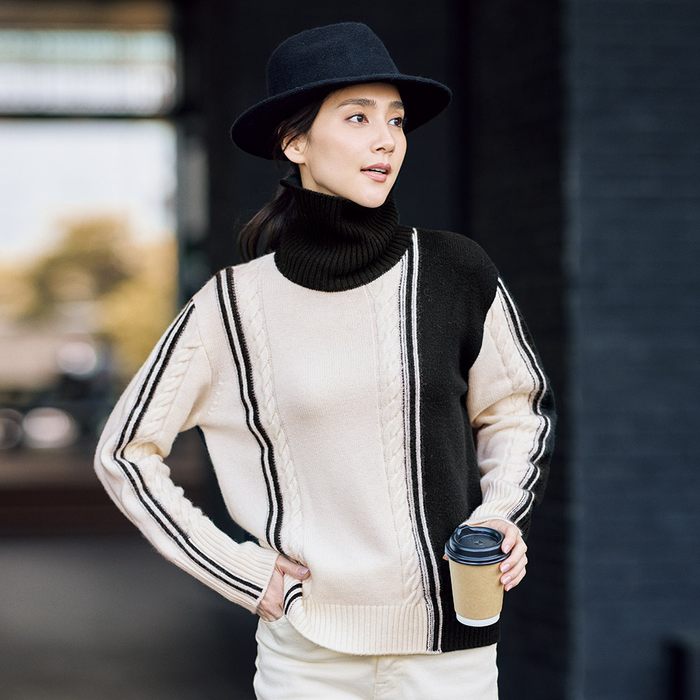 ケーブルデザイン 配色インターシャ プルオーバー ニットセーター ニット セーター 128501