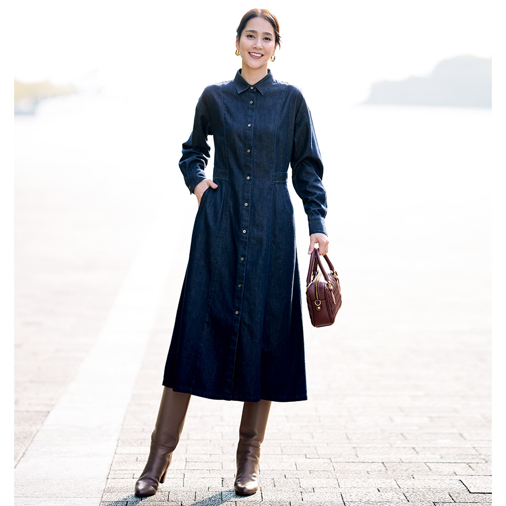 ウール混 デニムシャツワンピース マキシワンピース ロングワンピース ワンピース 128701