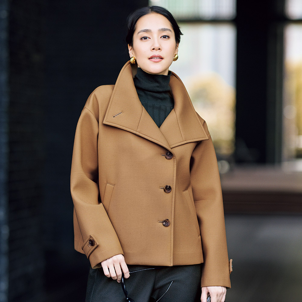 ウール混サキソニー×ダンボールジャージー ボンディング クロップド コート スタンドカラーコート コート 128801