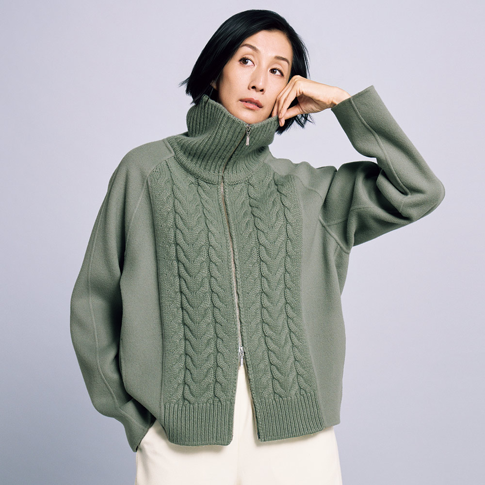 ケーブルニット&ウール一重仕立て ショートコート ニットジャケット ニットコート ニット セーター 129001