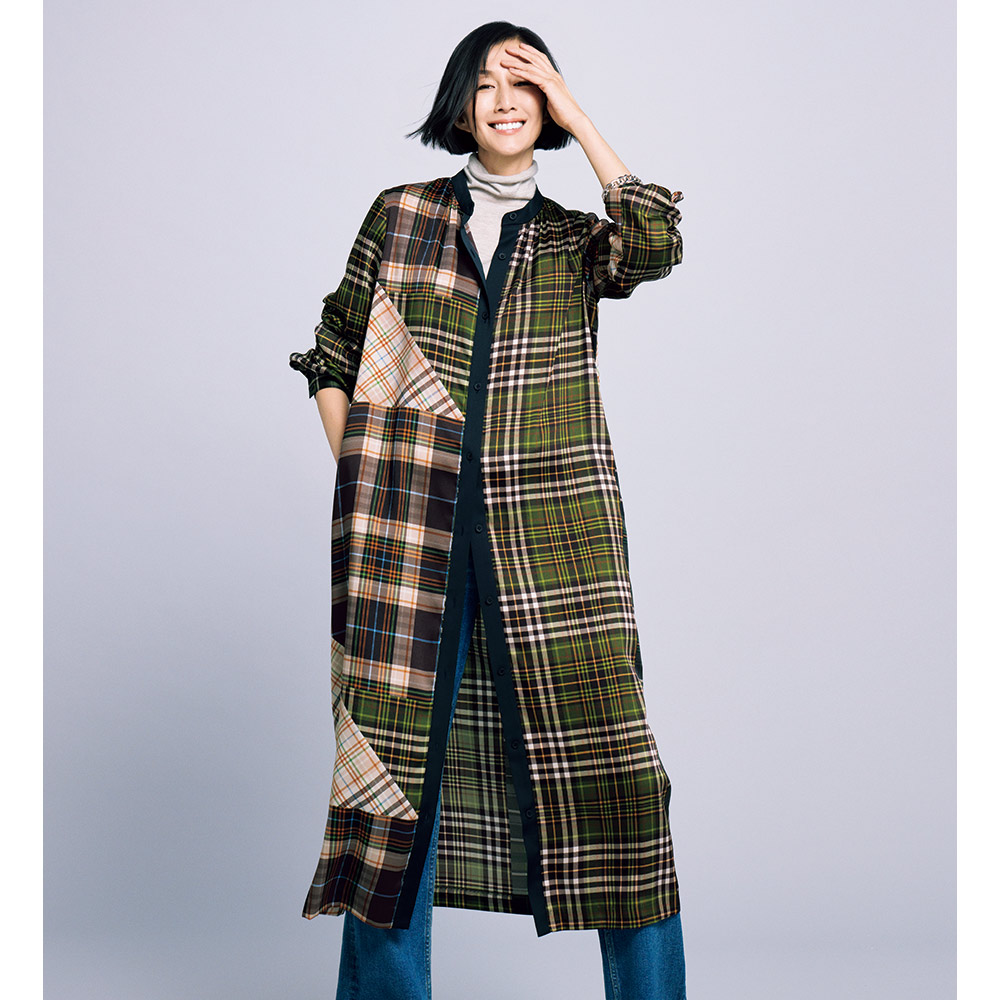 エリカ社 パッチワーク風チェック シャツワンピース マキシワンピース ロングワンピース ワンピース 129201