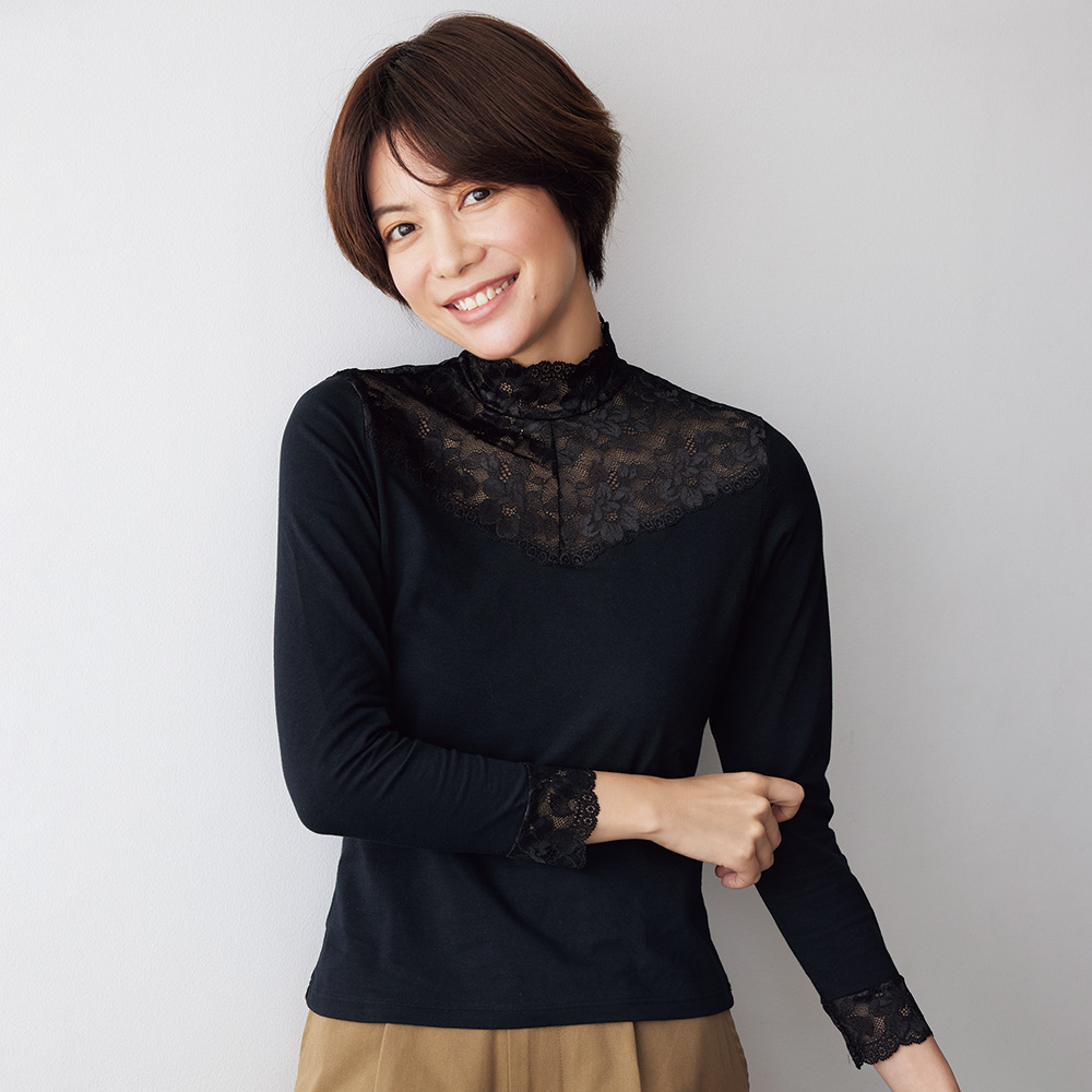 綿混 ハイネック レースインナー 同サイズ2色組 デザインカットソー Tシャツ カットソー M24104