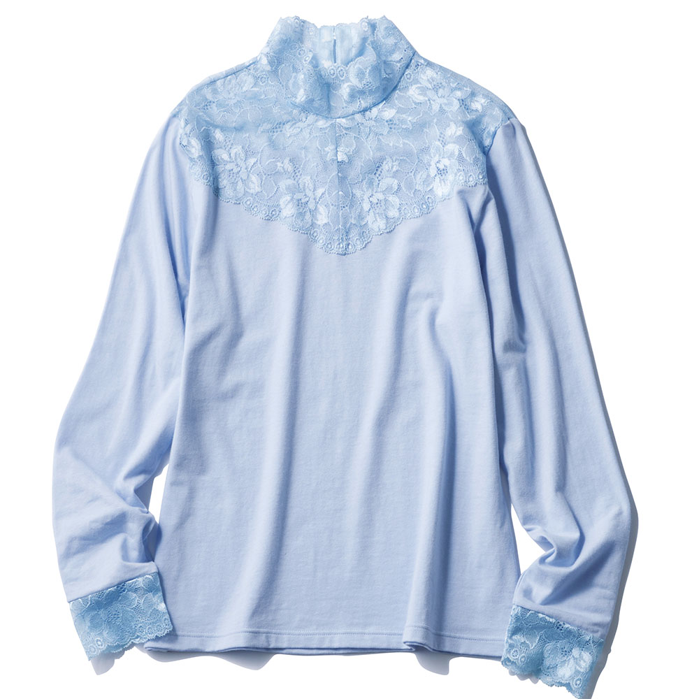 綿混 ハイネック レースインナー 同サイズ2色組 デザインカットソー Tシャツ カットソー M24104