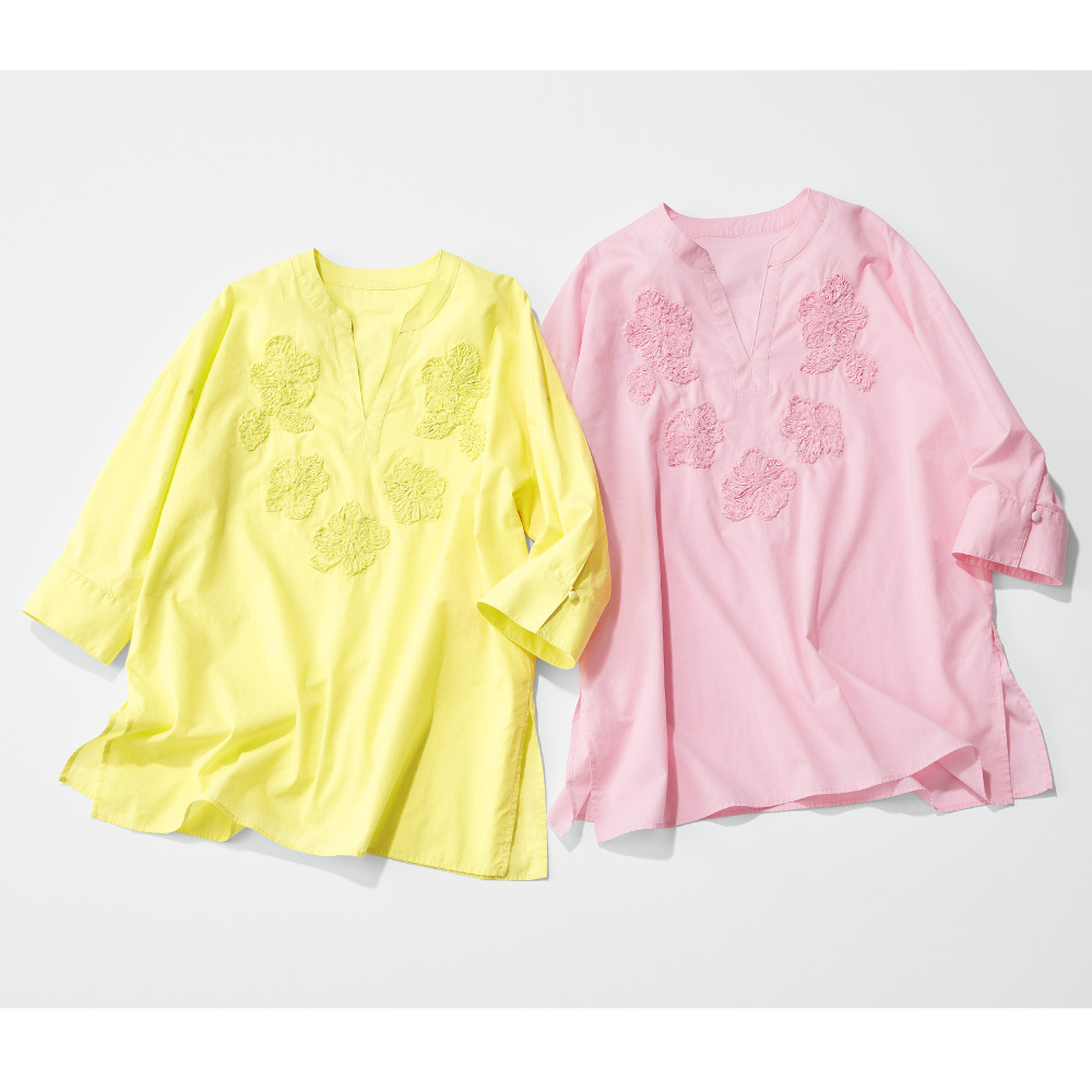 Queen Li/クイーンリー フラワー刺しゅう カフタンチュニックシャツ トップス プリント 柄トップス 366103 Queen Li/クイーンリー フラワー刺しゅう カフタンチュニック