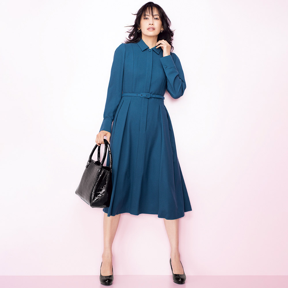 マキシワンピース ロングワンピース ワンピース チュニック フレアワンピース ベルト付き 「NIKKE」 マフフラノジョーゼット シャツワンピース  127103