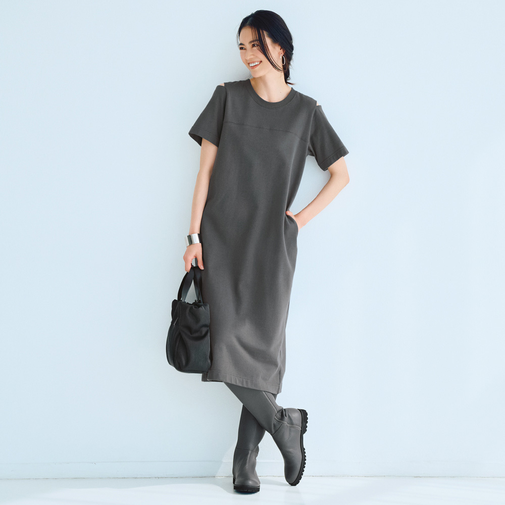 スリット袖 ステッチ パネル パワーショルダー ワンピース レディース  