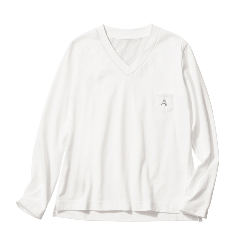 コットン ラインストーン付きVネック 9分袖Tシャツ Tシャツ カットソー A21301
