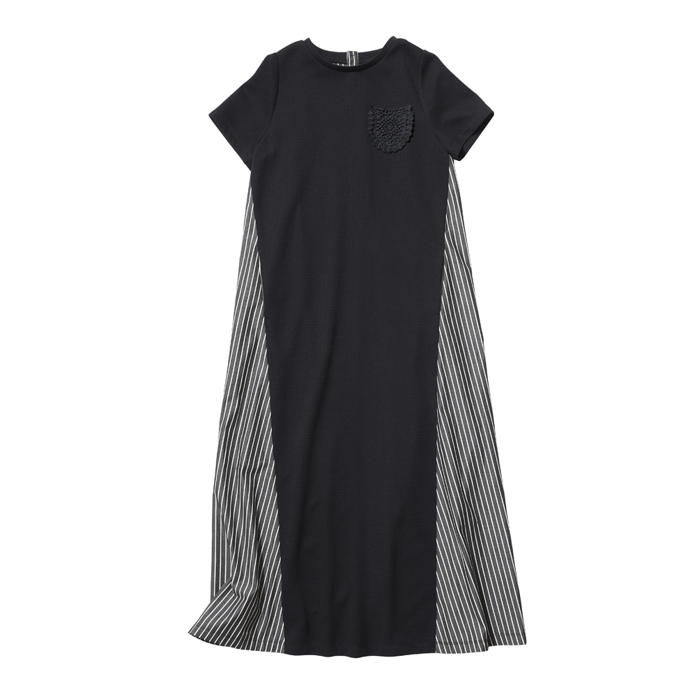 レースポケット付きストライプ ドッキングワンピース マキシワンピース ロングワンピース ワンピース A21501