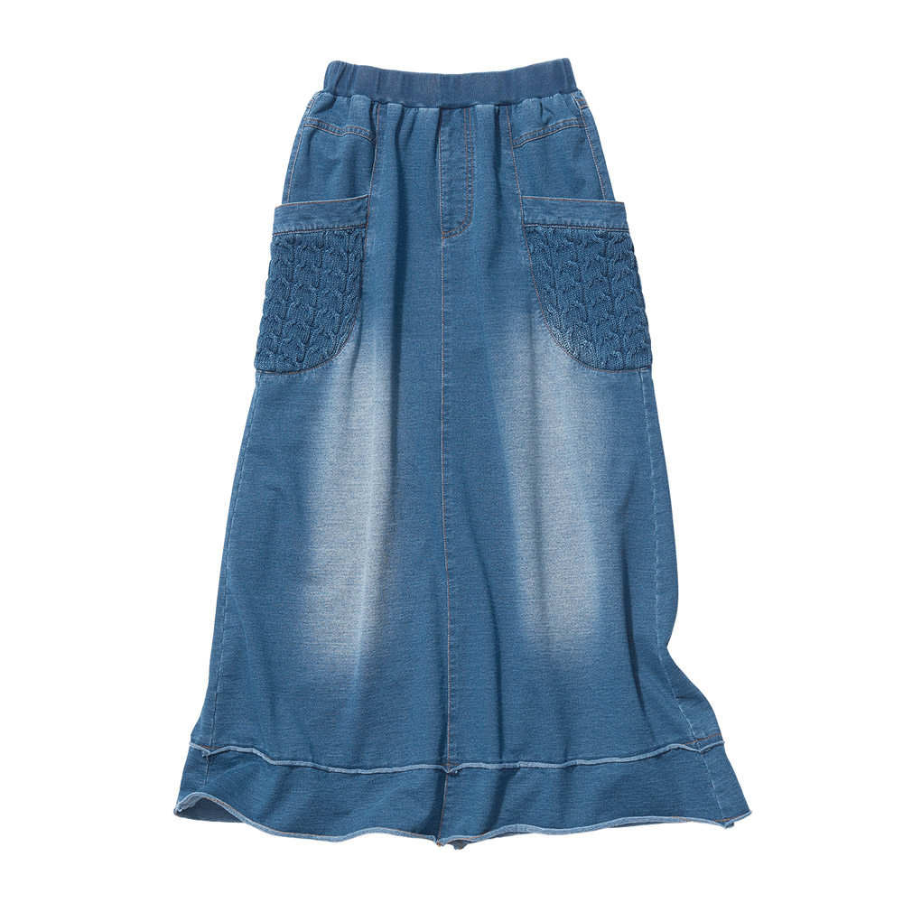 インディゴ染めケーブルニット使い スウェットロングスカート フレアスカート ギャザースカート スカート A21702