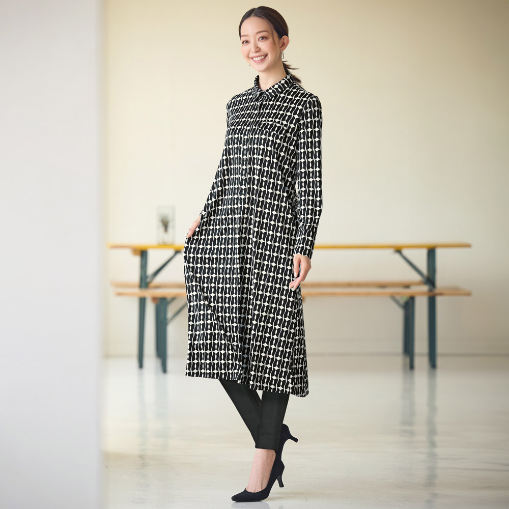 幾何学模様 シャツワンピース 幾何学模様シャツワンピース ロング|シャツワンピース専門通販
