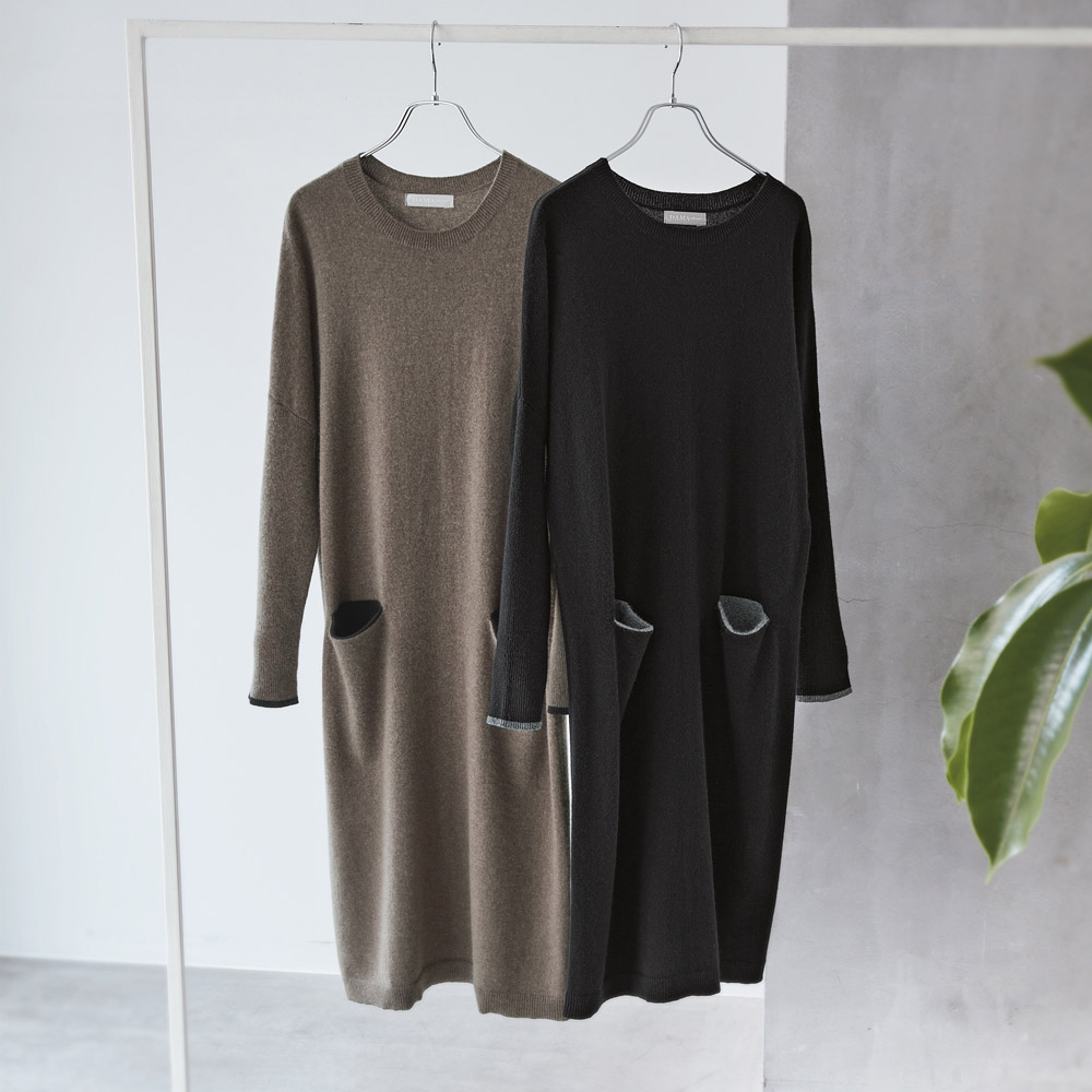 カシミヤニット 配色ポケット ワンピース ニットワンピース ワンピース A27101