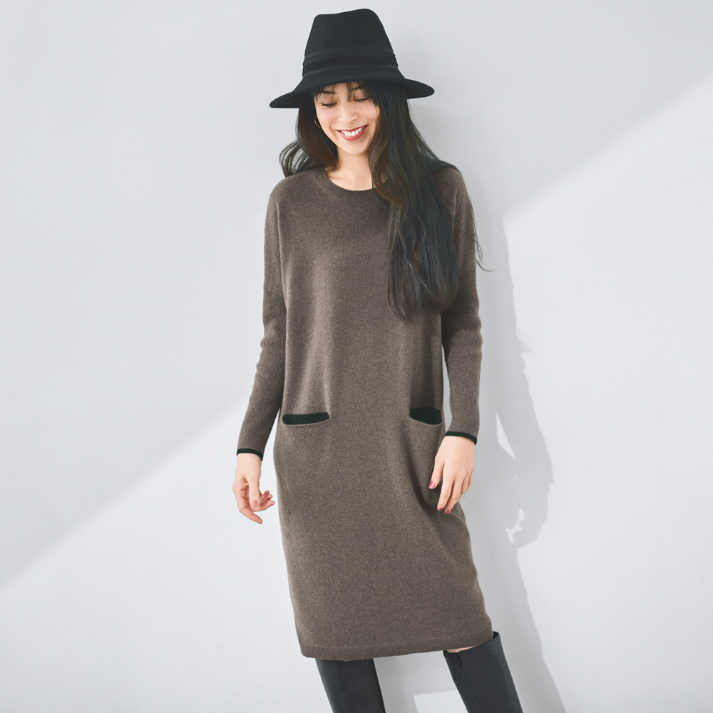 カシミヤニット 配色ポケット ワンピース ニットワンピース ワンピース A27101