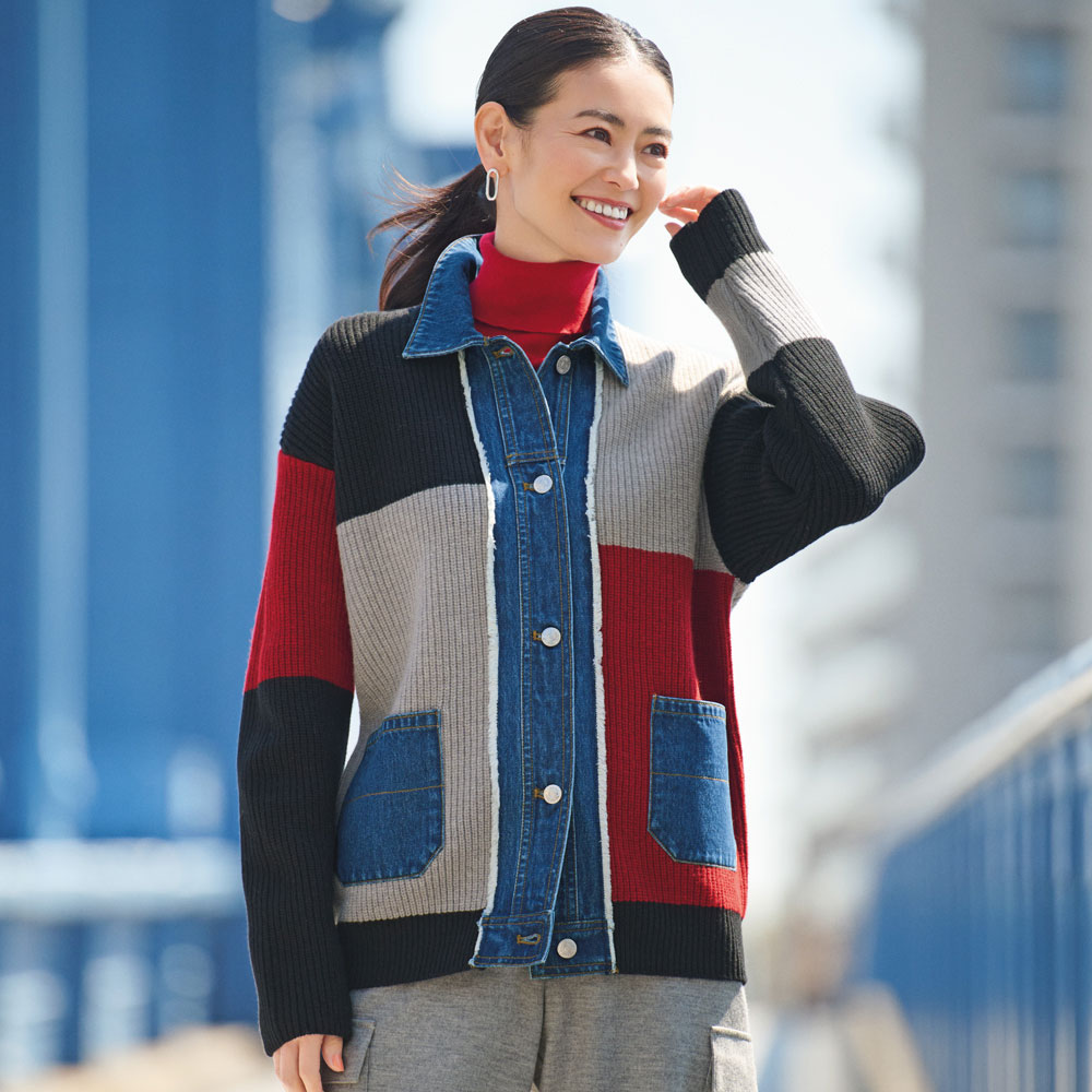 デニムドッキング 配色 ウールニット ジャケット ニットジャケット ニットコート ニット セーター A31801