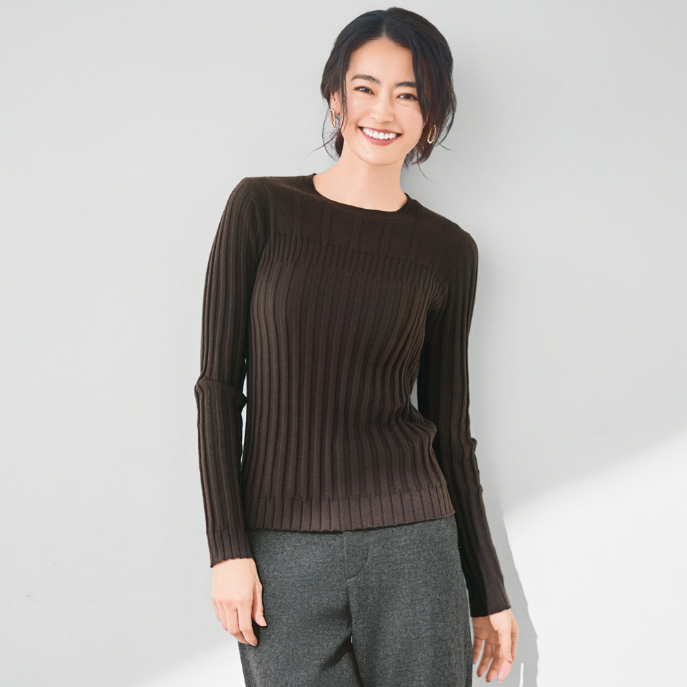 コットンカシミヤ 変則リブニット クルーネック プルオーバー ニットセーター ニット セーター A32402