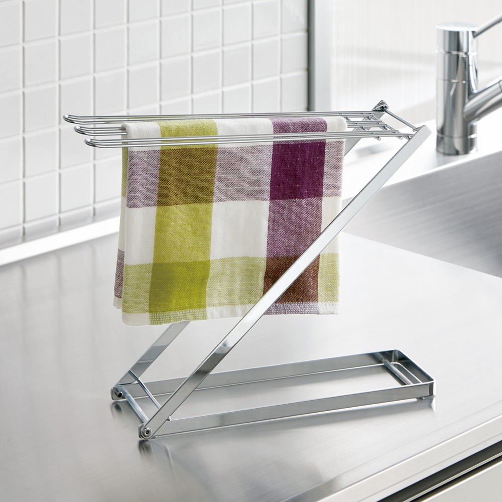 コンパクトに畳めて便利なステンレス製フキンスタンド  キッチンタオル掛け ふきん掛け 水切りかご ラック シンク周り用品 KR0990
