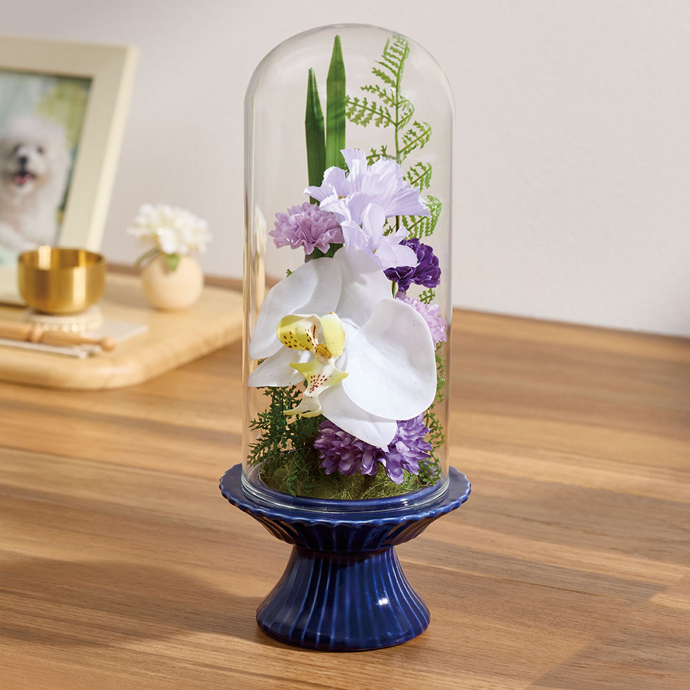 ガラスドームの仏花 アートフラワー 造花 インテリアグリーン KR1020
