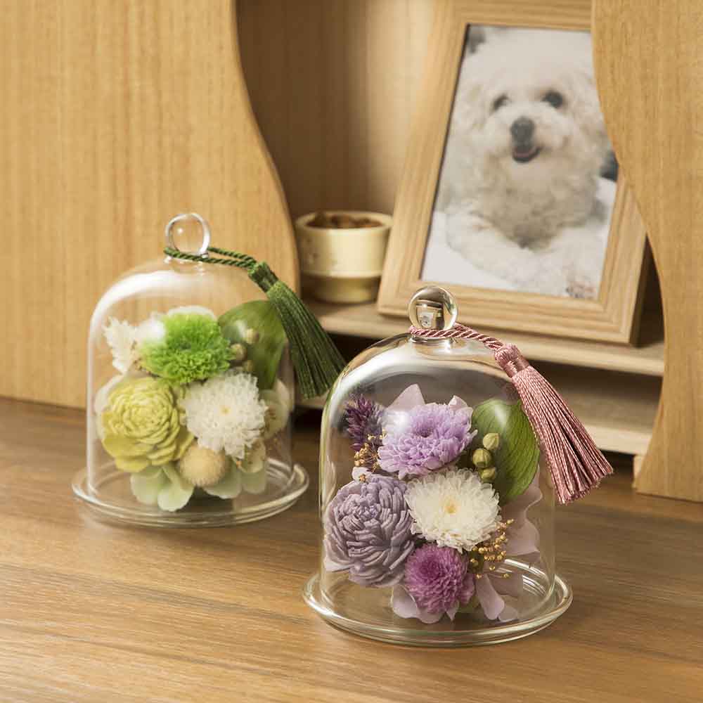 ガラスドーム ミニプリザーブド仏花 アートフラワー 造花 インテリアグリーン KR1021