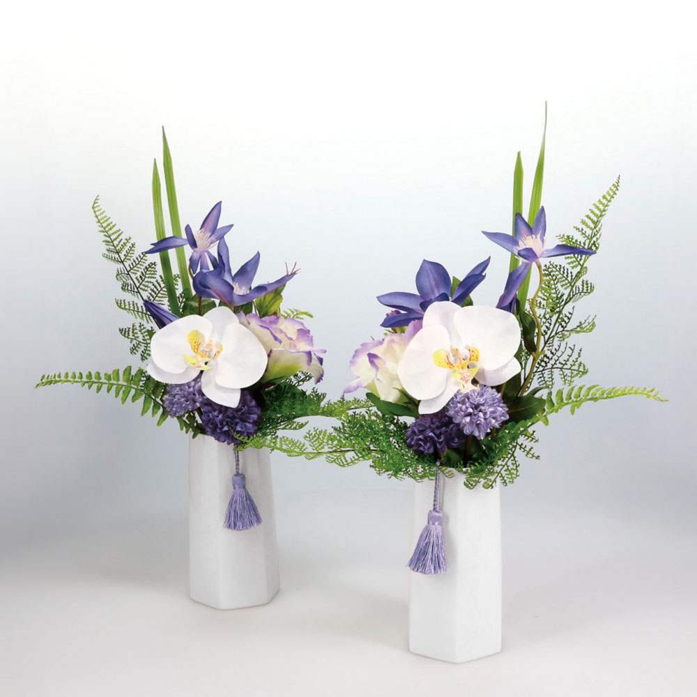 フラワーベース付きお供え花束 お得な2個セット アートフラワー 造花 インテリアグリーン KR1025