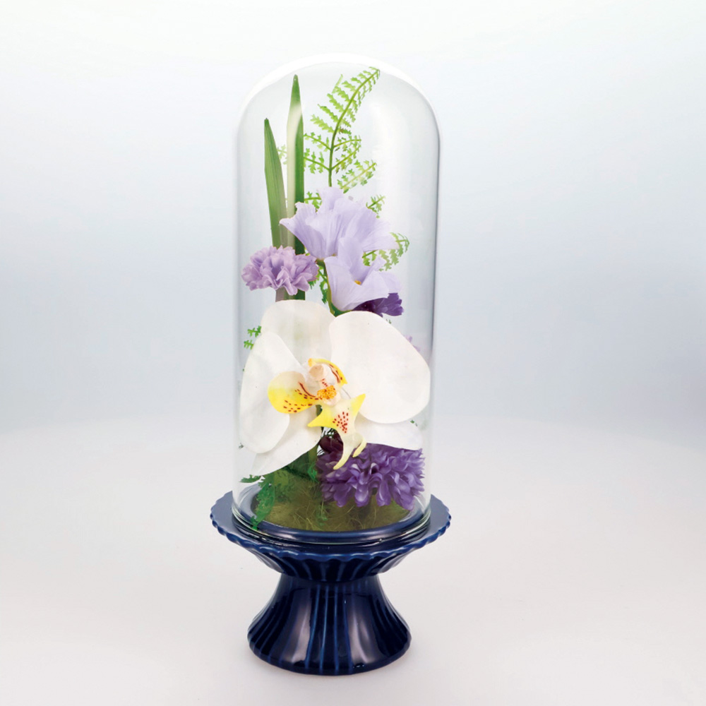ガラスドームの仏花 アートフラワー 造花 インテリアグリーン LX0016