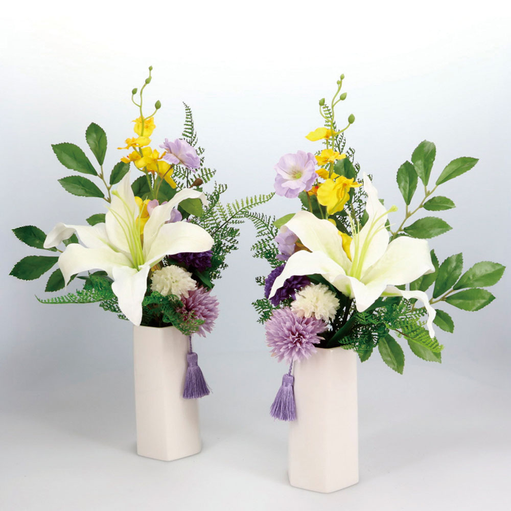 フラワーベース付きお供え花束 お得な2個セット アートフラワー 造花 インテリアグリーン LX0018