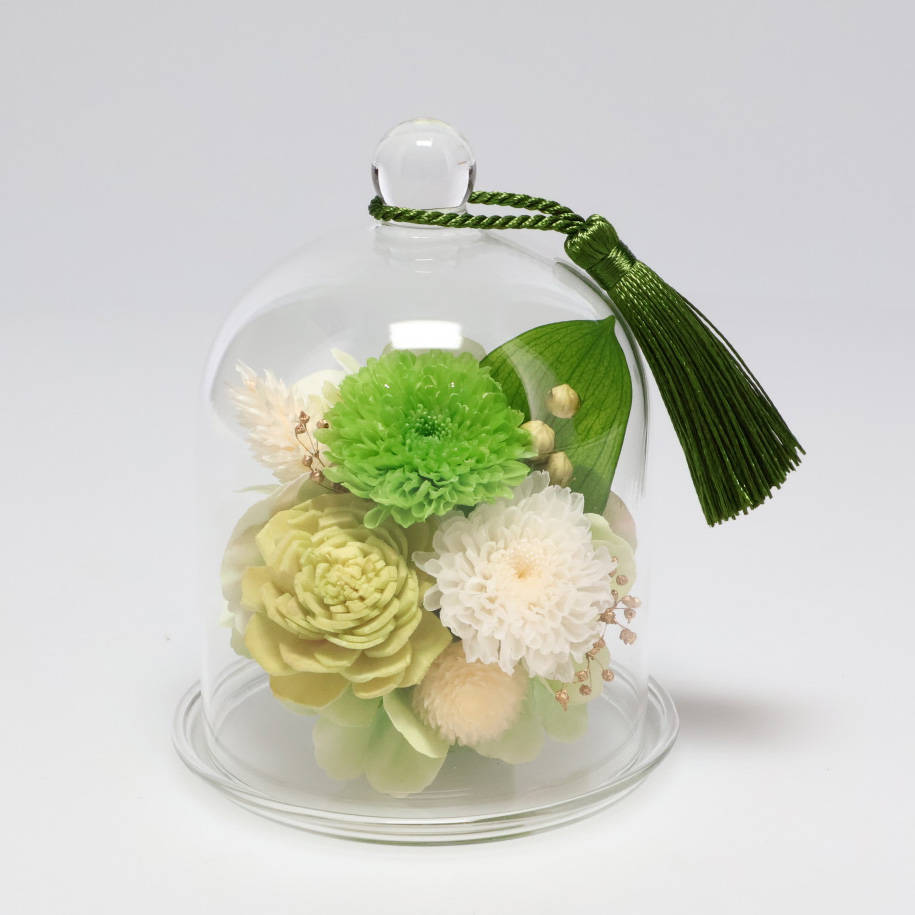 ガラスドーム ミニプリザーブド仏花 アートフラワー 造花 インテリアグリーン LX0105